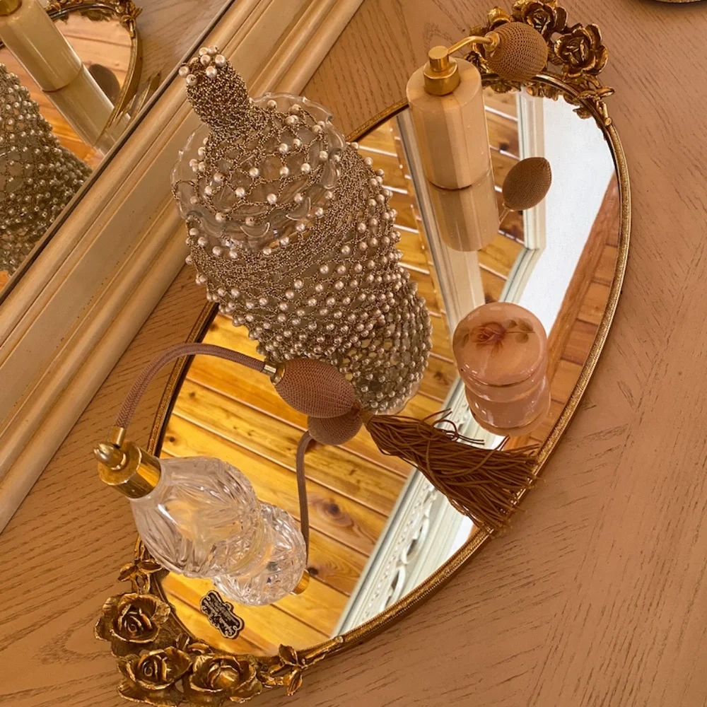 Vintage Gold Rose Stylebulit Mirrored Vanity Tray, Hand Mirror + Tissue Box